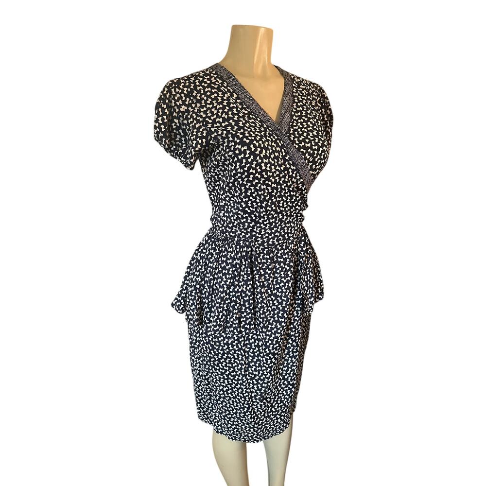 Vintage Women S Rene Derhy Paris Cotton Collection Bow Printed Wrap Navy Dress